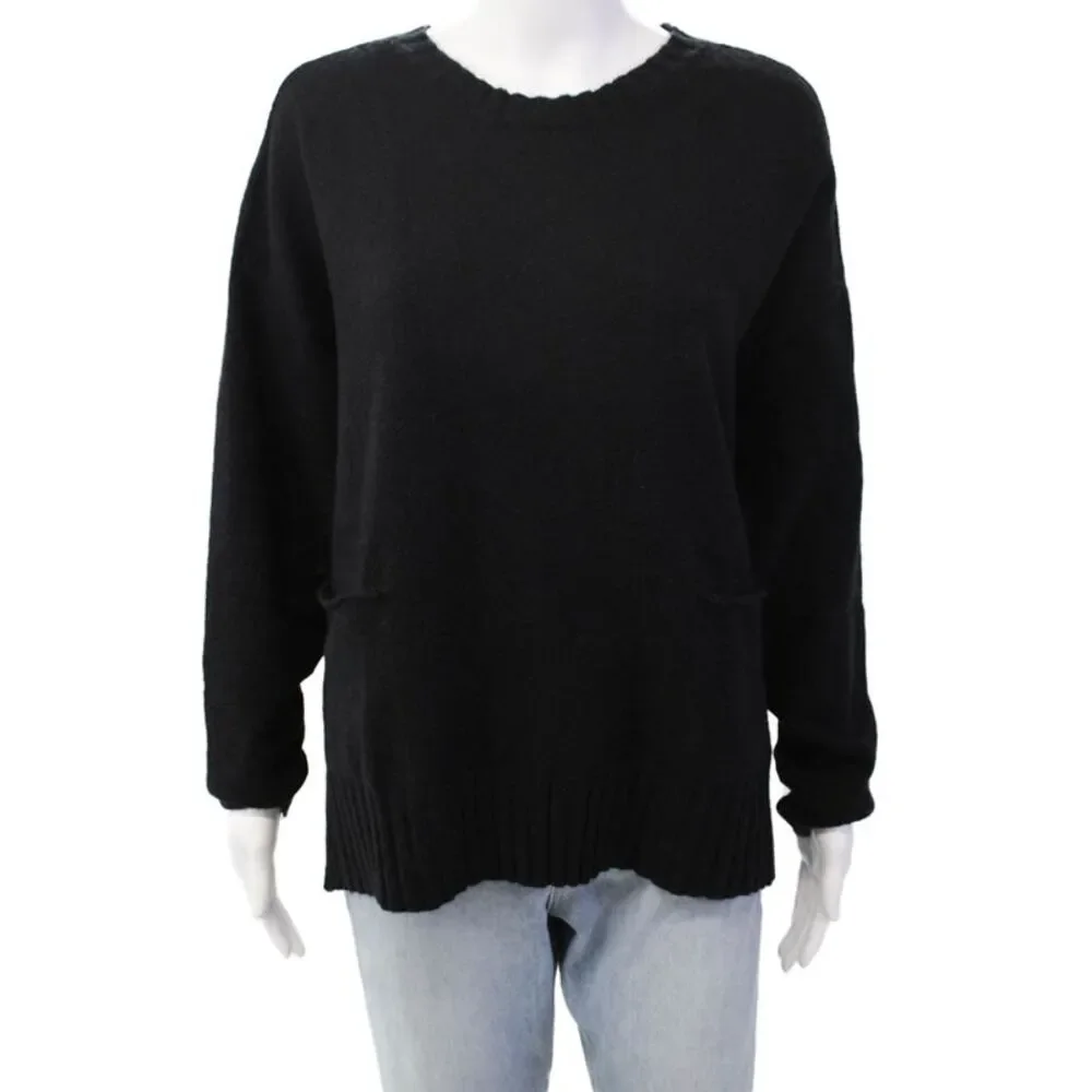Renuar Womens Front Pockets Crew Neck Pullover Sweater Top Black Size XXL
